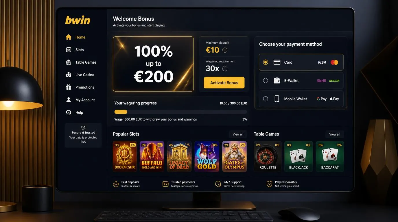 Casino-Bonusbereich mit aktivierter Willkommensaktion, Einzahlung und Fortschrittsanzeige für Umsatzbedingungen