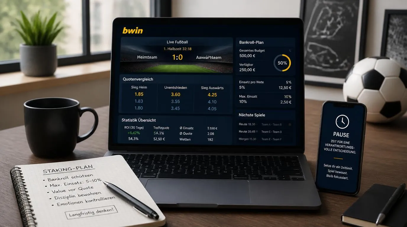 Sportwetten-Analyse mit Quotenvergleich, Einsatzplan und Live-Statistiken auf einem Laptop