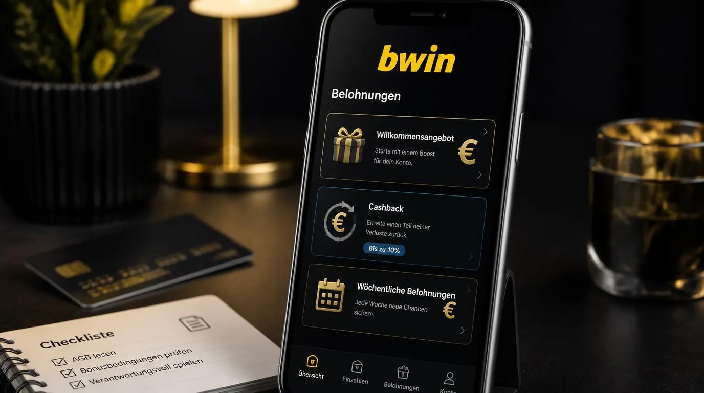 Bonusübersicht einer Casino-App mit Willkommensangebot, Cashback und wöchentlichen Prämien