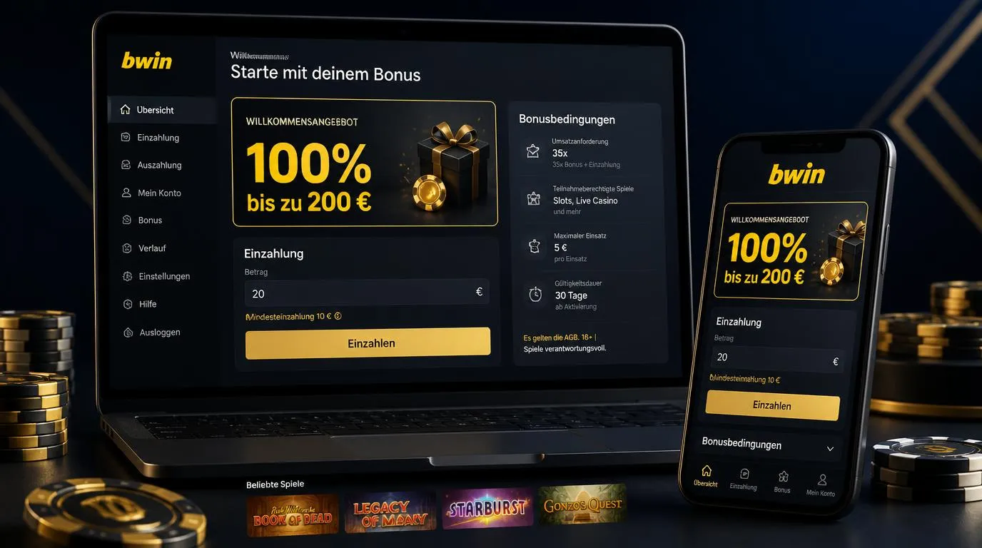Casino-Bonusbereich mit 100-Prozent-Angebot bis 200 Euro und Mindesteinzahlung von 10 Euro