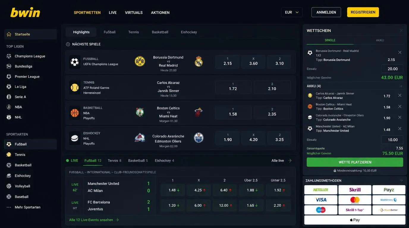 Sportwettenoberfläche mit Live-Quoten, Wettschein, Zahlungsoptionen und Auswahl verschiedener Sportarten