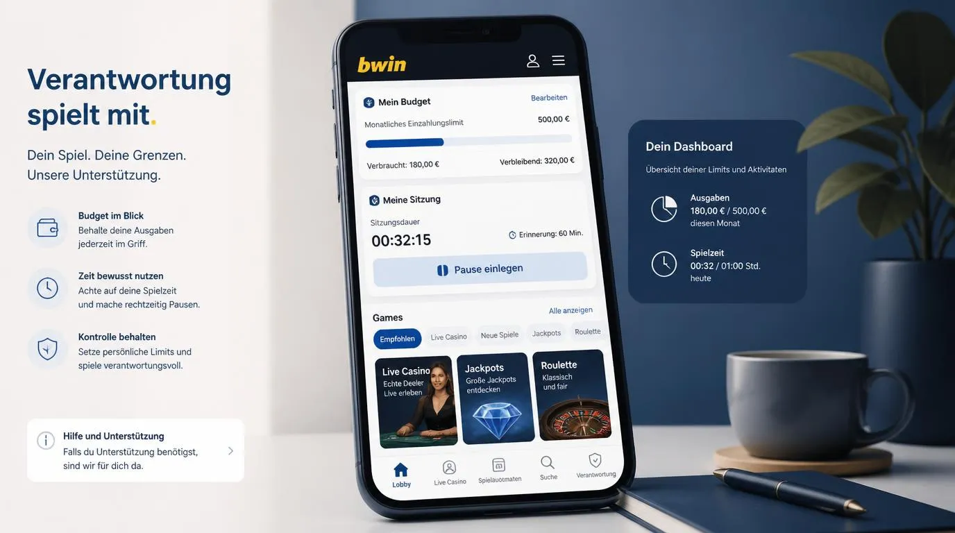 Casino-App mit Budgetanzeige, Spielzeit-Hinweis und bewusst ausgewähltem Spielangebot