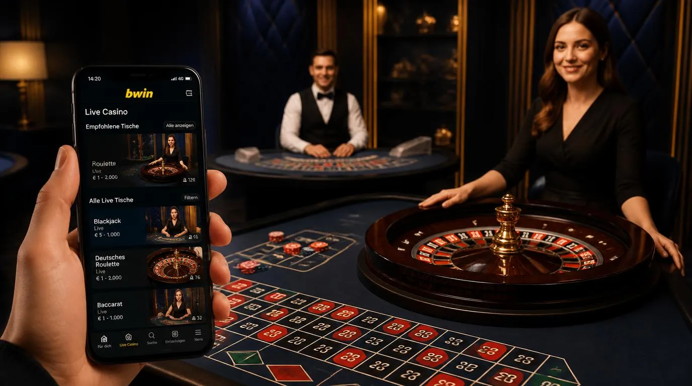 Live-Casino mit Roulette-Tisch, Blackjack-Dealer und mobiler Spielansicht in deutscher Sprache