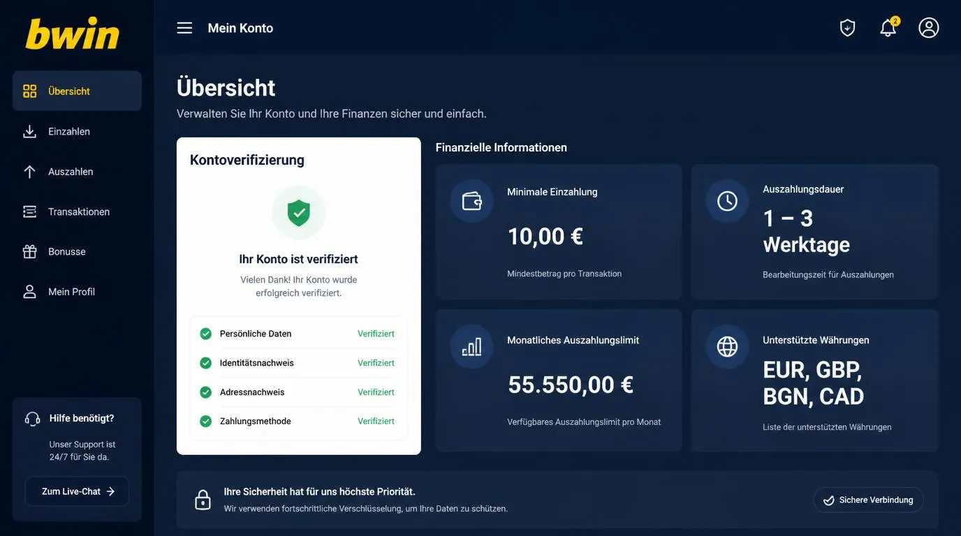 Übersicht eines Registrierungsbereichs mit Einzahlung, Auszahlungsdauer, Monatslimit und Kontowährungen